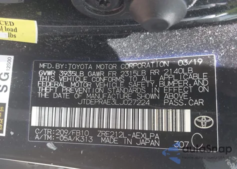 2020 Toyota Corolla Le из США, поврежденный, VIN JTDEPRAE3LJ027224